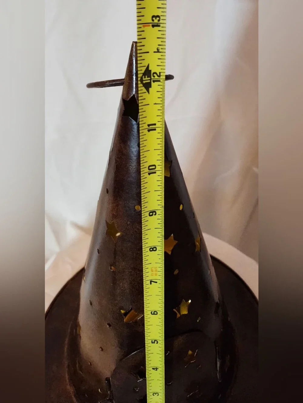 Rustic Metal Witch Hat Candle Holder With Punched Out Stars & Front Hinged Door